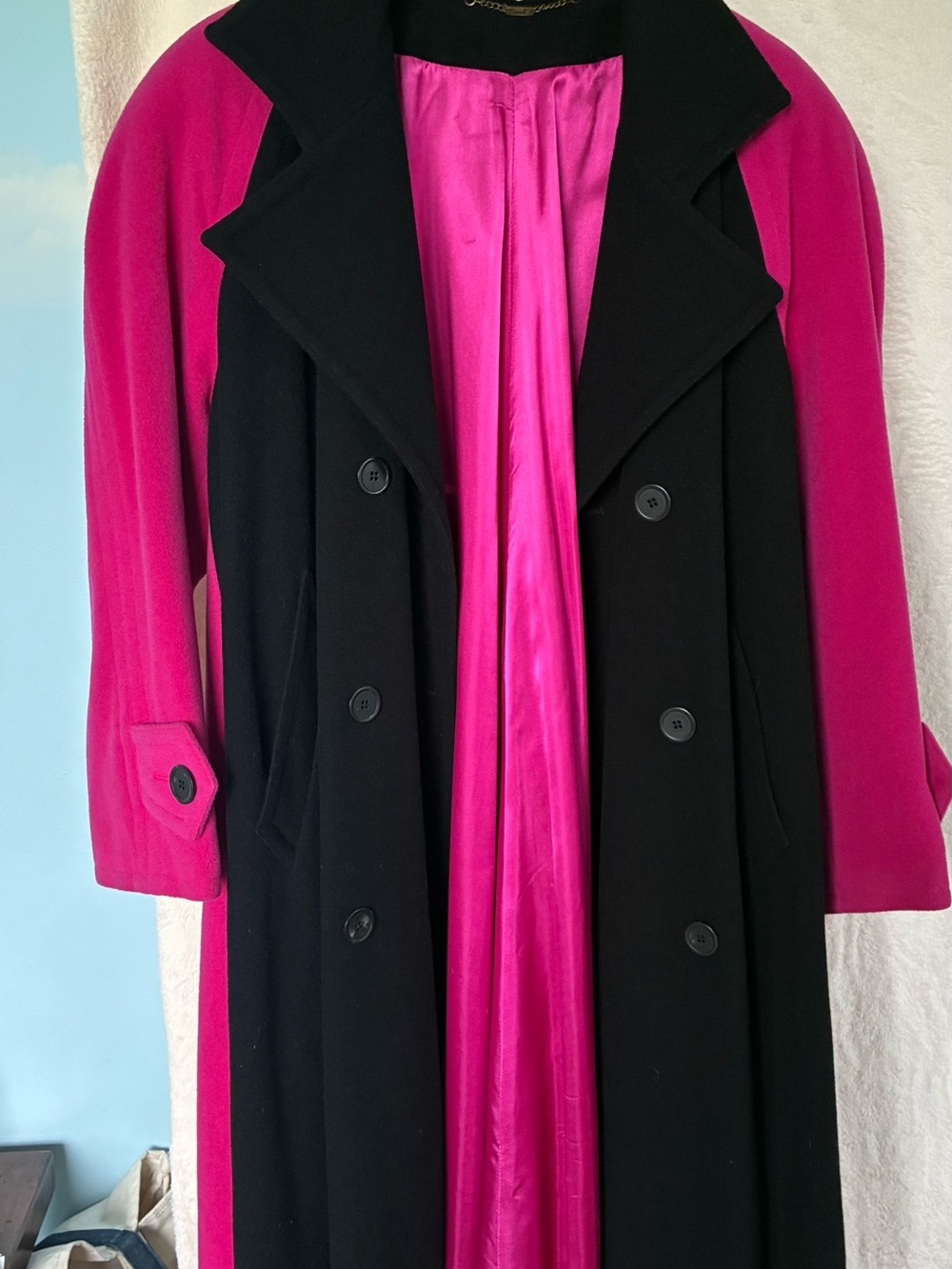 Mondi Black and Hot Pink Long Trench Coat